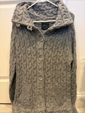 Zara Gray Cable-Knit Hooded Button Cardigan